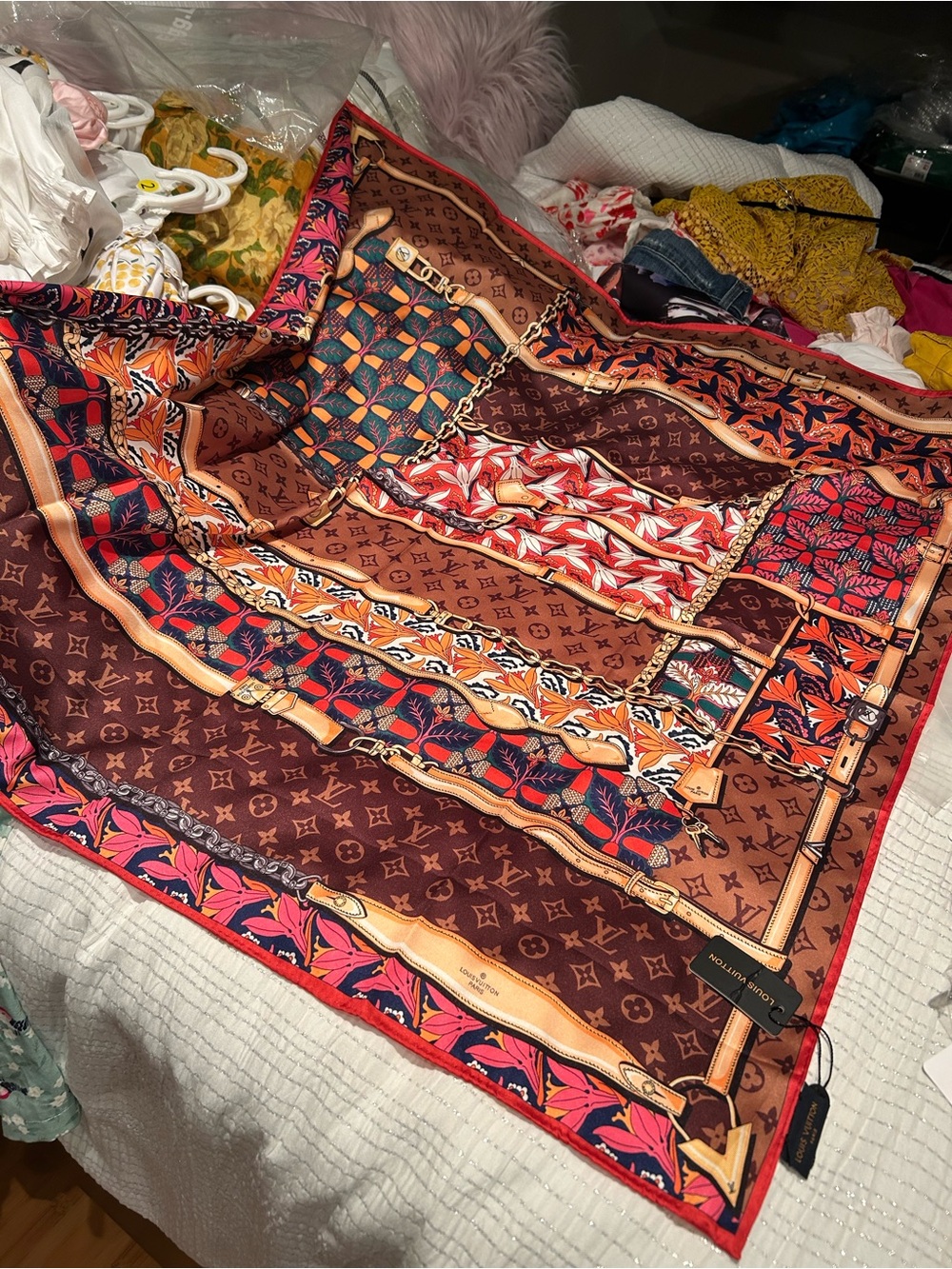 Louis Vuitton Brown Multicolor Silk Scarf with Coral and Gold Accents